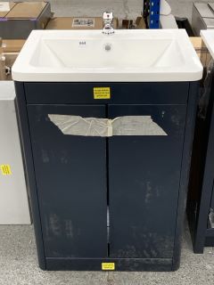 (COLLECTION ONLY) FLOOR STANDING 2 DOOR SINK UNIT IN INDIGO WITH A 605 X 450MM 1TH POLYMARBLE BASIN COMPLETE WITH MONO BASIN MIXER TAP & CHROME SPRUNG WASTE - RRP £740: LOCATION - C4