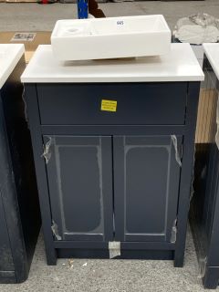 (COLLECTION ONLY) FLOOR STANDING 2 DOOR COUNTERTOP SINK UNIT IN INDIGO & WHITE 600 X 360MM WITH A STH CERAMIC BASIN: LOCATION - C4