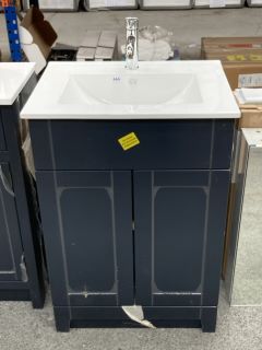 (COLLECTION ONLY) FLOOR STANDING 2 DOOR SINK UNIT IN INDIGO WITH A 610 X 470MM 1TH CERAMIC BASIN COMPLETE WITH MONO BASIN MIXER TAP & CHROME SPRUNG WASTE - RRP £755: LOCATION - C4