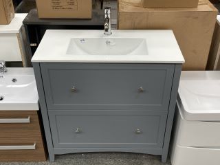 (COLLECTION ONLY) FLOOR STANDING 2 DRAWER SINK UNIT IN LIGHT GREY WITH A 810 X 400MM 1TH CERAMIC BASIN COMPLETE WITH A MONO BASIN MIXER TAP & CHROME SPRUNG WASTE - RRP £840: LOCATION - C5