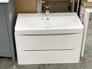 (COLLECTION ONLY) WALL HUNG 2 DRAWER SINK UNIT IN WHITE WITH A 790 X 455MM 1TH POLYMARBLE BASIN COMPLETE WITH MONO BASIN MIXER TAP & CHROME SPRUNG WASTE - RRP £795: LOCATION - C5