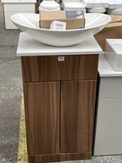 (COLLECTION ONLY) FLOOR STANDING 2 DOOR COUNTERTOP SINK UNIT IN WALNUT & WHITE 500 X 370MM WITH A CERAMIC VESSEL BASIN COMPLETE WITH A WALL MOUNTED BASIN MIXER IN CHROME WITH SPRUNG WASTE - RRP £705: