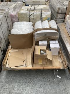 (COLLECTION ONLY) PALLET OF CERAMIC 2TH BASINS WITH 3 X CHROME PILLAR TAPS & QTY OF PLUG & CHAIN BASIN WASTES: LOCATION - D2