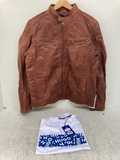 HUGO BOSS MENS PRINTED TOP IN WHITE - UK SIZE MEDIUM TO INCLUDE INFINITY MENS LEATHER JACKET IN BROWN - UK SIZE 2X-LARGE: LOCATION - E7