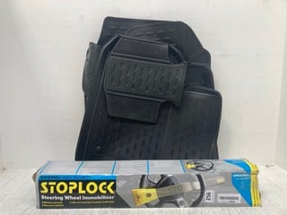 4 X ASSORTED BLACK CAR MATS TO INCLUDE STOPLOCK STEERING WHEEL IMMOBILISER: LOCATION - H 15