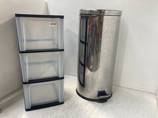 STAINLESS STEEL ROUND PEDAL TRASH BIN TO INCLUDE PLASTIC STORAGE DRAWERS: LOCATION - H 11