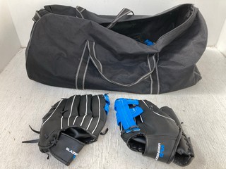 BAG OF J. F. C. SPORTS SLAZENGER BODY COVER ITEMS TO INCLUDE 12''LH BASEBALL GLOVE: LOCATION - H 8