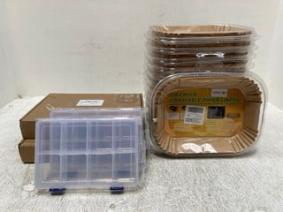 QTY OF ASSORTED CONTAINERS TO INCLUDE AIR FRYER DISPOSABLE PAPER LINERS: LOCATION - G8