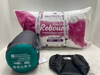 3 X GENERAL ITEMS TO INCLUDE SLUMBERDOWN SLEEP SOUNDLY REBOUND SPRING BACK SUPPORT 2 PACK OF PILLOWS: LOCATION - F 16