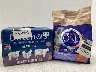 BOX OF BUTCHERS GRAIN FREE RECIPES IN JELLY DOG FOOD - BBE: AUGUST 2026 TO INCLUDE PURINA COAT & HAIRBALL CAT FOOD - BBE: DECEMBER 2025: LOCATION - F 16