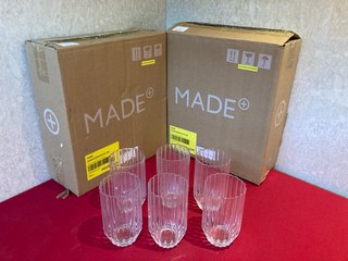 (COLLECTION ONLY) 2 X MADE HOLLIE SET OF 6 RIBBED GLASS HIGHBALLS IN CLEAR: LOCATION - AR6