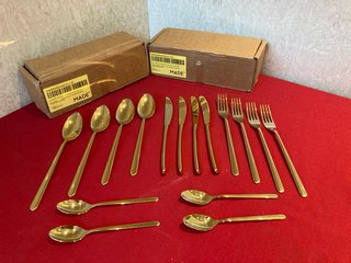 2 X MADE EME 16 PIECE STAINLESS STEEL CUTLERY SETS IN GOLD: LOCATION - AR6