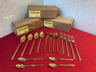 3 X MADE EME 16 PIECE STAINLESS STEEL CUTLERY SETS IN GOLD: LOCATION - AR6