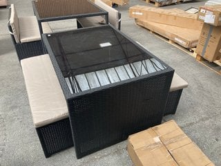 OUTDOOR RATTAN GARDEN SET WITH DINING TABLE & 2 BENCHES WITH SEAT CUSHIONS IN BLACK & BEIGE: LOCATION - B3