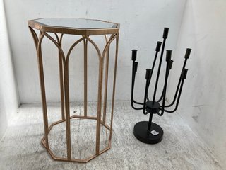 CANTERBURY SIDE TABLE IN ANTIQUE GOLD TO INCLUDE RUSTIC BLACK 9 CANDLE CANDLABRA: LOCATION - E7