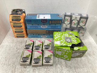 QTY OF ASSORTED TEA ITEMS TO INCLUDE PACK OF 4 TWININGS ENGLISH BREAKFAST TEA BB: 06/26: LOCATION - F17