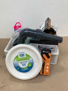 QTY OF ASSORTED HOUSE HOLD ITEMS TO INCLUDE CATERPACK 50 COMPOSTABLE PLATES , WEST BIKING MINI PUMP: LOCATION - F13