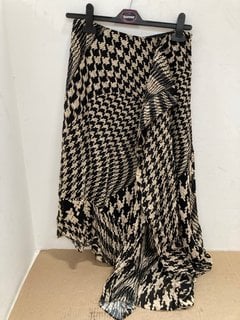 REISS OKSANA PRINTED ASYM MIDI SKIRT IN BLACK/BROWN SIZE: 10 RRP - £198: LOCATION - E0