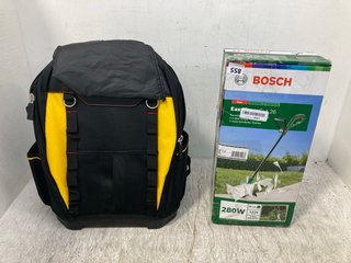 STANLEY FATMAX TOOL BACKPACK IN YELLOW/BLACK TO INCLUDE BOSCH EASY GRASS CUT 26 CORDED GRASS TRIMMER: LOCATION - G6