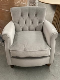 BUTTON BACK STYLE ARMCHAIR IN DOVE GREY PLUSH VELVET: LOCATION - B4