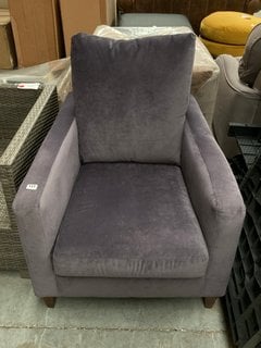 JOHN LEWIS & PARTNERS ACCENT STYLE ARMCHAIR IN PLUSH SLATE GREY VELVET AND DARK WOOD LEGS: LOCATION - B5