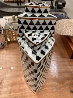 (COLLECTION ONLY) 2 X DECORATIVE TRIANGULAR STORAGE CANISTERS IN BLACK/GREY/WHITE DESIGN WITH ROSE GOLD DETAILING: LOCATION - D7