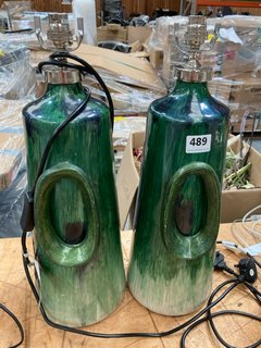 (COLLECTION ONLY) PAIR OF ART DECO STYLE TALL TABLE LAMP BASES IN GREEN MULTI AND SILVER PLATE FINISH: LOCATION - D7