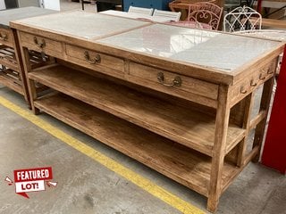 (COLLECTION ONLY) CHIGWELL KITCHEN ISLAND IN RUSTIC NATURAL WOOD WITH BRASS HANDLES AND WHITE MARBLE WORKTOP - RRP £1466: LOCATION - B2