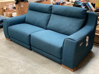 PENELOPE LARGE 3 SEATER POWER RECLINER SOFA IN MARINE BLUE FABRIC AND DARK STAINED WOOD LEGS - RRP £932: LOCATION - A12