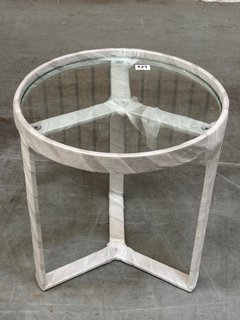 MODERN CONTEMPORARY STYLE SMALL ROUND SIDE TABLE IN CLEAR GLASS AND STEEL FINISH: LOCATION - A11