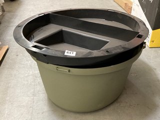 LARGE PLASTIC STORAGE TUB IN SAGE AND BLACK FINISH: LOCATION - BR12