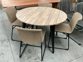 ALFRESCO STYLE ROUND OUTDOOR 4 SEATER GARDEN DINING SET IN LIGHT WOOD AND BLACK WITH 4 X DINING CHAIRS IN NATURAL RATTAN AND BLACK FINISH: LOCATION - B2