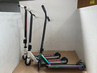 2 X MONGOOSE STUNT SCOOTERS IN WHITE TO INCLUDE INVERT CHROME STUNT SCOOTER: LOCATION - BR4