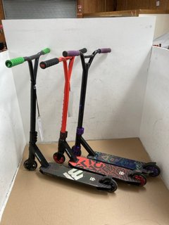 3 X ASSORTED STUNT SCOOTERS TO INCLUDE MONGOOSE RED & BLACK STUNT SCOOTER: LOCATION - BR5