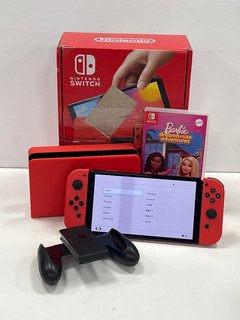 NINTENDO SWITCH OLED + BARBIE GAME 64 GB GAMES CONSOLE (ORIGINAL RRP - £309) IN MARIO RED: MODEL NO HEG-001 (BOXED WITH BARBIES DREAMHOUSE ADVENTURES, CONTROLLER, DOCK & CABLES, VERY GOOD COSMETIC CO