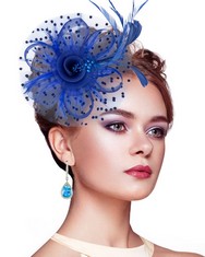 20 X SILOM FASCINATORS HAT FOR WOMEN, COCKTAIL TEA PARTY HEADWEAR FLOWER MESH FEATHER FASCINATOR GIRLS FLOWER HAIR CLIP HAT BRIDAL HEADPIECE WEDDING CHURCH HATS (BLUE) - TOTAL RRP £189: LOCATION - A