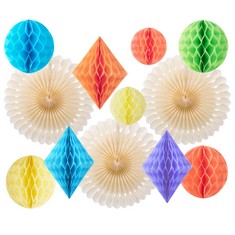 QUANTITY OF ASSORTED ITEMS TO INCLUDE SUNBEAUTY HONEYCOMB BALL BROWN PAPER FANS - PARTY DECORATIONS, FESTIVAL AND BLIPPI BIRTHDAY DECORATIONS, PAPER FLOWERS DECORATIONS FOR GRADUATION CONGRATS GRAD S