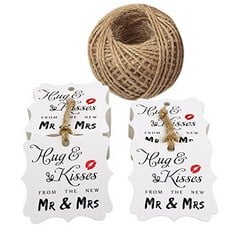 23 X WEDDING FAVOUR TAGS,100 PCS WHITE GIFT TAGS, 5 CM "HUGS & KISSES,FROM THE NEW MR & MRS" WEDDING TAGS WITH 30 M JUTE TWINE FOR CRAFTS HANG TAGS, LUGGAGE TAG, PRICE TAGS, DIY TAGS - TOTAL RRP £115