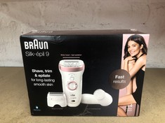 QUANTITY OF HEALTH & BEAUTY ITEMS TO INCLUDE BRAUN SILK EPIL 9 EPILATOR HAIR REMOVAL, INCLUDES FACIAL CLEANSING BRUSH HIGH FREQUENCY MASSAGE CAP SHAVER AND TRIMMER HEAD, CORDLESS, WET & DRY, 100% WAT