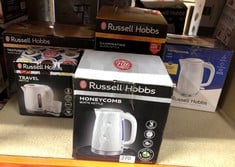 QUANTITY OF KITCHEN & APPLIANCES ITEMS TO INCLUDE RUSSELL HOBBS HONEYCOMB ELECTRIC 1.7L CORDLESS KETTLE (FAST BOIL 3KW, WHITE PREMIUM PLASTIC, MATT & HIGH GLOSS FINISH, REMOVABLE WASHABLE ANTI-SCALE