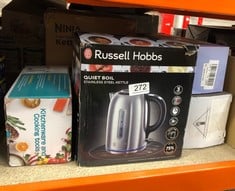 QUANTITY OF KITCHEN & APPLIANCES ITEMS TO INCLUDE RUSSELL HOBBS BRUSHED STAINLESS STEEL ELECTRIC 1.7L CORDLESS KETTLE (QUIET & FAST BOIL 3KW, REMOVABLE WASHABLE ANTI-SCALE FILTER, PUSH BUTTON LID, PE