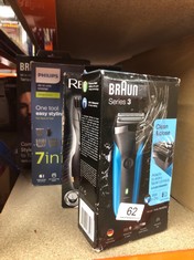 QUANTITY OF HEALTH & BEAUTY ITEMS TO INCLUDE BRAUN SERIES 3 ELECTRIC SHAVER FOR MEN WITH PRECISION BEARD TRIMMER AND 5 COMBS, WET & DRY, UK 2 PIN PLUG, 310, BLACK/BLUE RAZOR: LOCATION - A