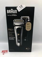 BRAUN SERIES 9 PRO ELECTRIC SHAVER WITH 3+1 HEAD, PROLIFT TRIMMER, CHARGING STAND & TRAVEL CASE, SONIC TECHNOLOGY, UK 2 PIN PLUG, 9417S, SILVER RAZOR.: LOCATION - TOP 50 RACK