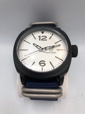 MENS FRANK SCHMIDT WATCH - LARGE BLACK CASE - WHITE PILOT DIAL - BLUE FABRIC STRAP - 3ATM WATER RESISTANT - GIFT BOX INCLUDED - ESAT £290: LOCATION - TOP 50 RACK