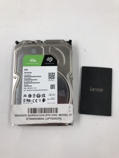 LEXAR 1TB PORTABLE SSD + SEAGATE BARRACUDA 8TB HARD DRIVE STORAGE. [JPTE65031]: LOCATION - K