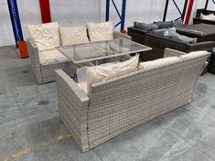 2 X 3 SEATER GARDEN RATTAN SOFA IN GREY WITH CREAM CUSHION TO INCLUDE GLASS TOP DINING TABLE IN GREY