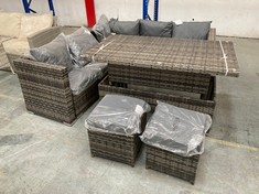 2 CORNER 2 GARDEN RATTAN SOFA IN GREY WITH CUSHIONS TO INCLUDE ADJUSTABLE RATTAN DINING TABLE IN GREY TO INCLUDE 2 X SMALL RATTAN STOOLS IN GREY