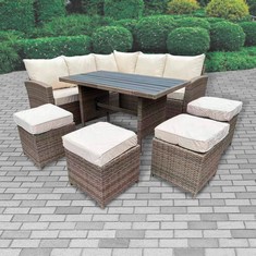 2 CORNER 3 GARDEN RATTAN SOFA IN GREY WITH CUSHIONS TO INCLUDE ADJUSTABLE RATTAN DINING TABLE IN GREY TO INCLUDE 3 X SMALL RATTAN STOOLS IN GREY