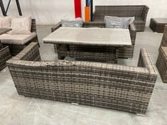 2 X 3 SEATE GARDEN RATTAN SOFAS IN GREY TO INCLUDE STATIC GLASS TOP DINING TABLE IN GREY (PARTLY DAMAGED)