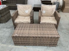 2 X 1 SEATER GARDEN RATTAN ARM CHAIRS IN BRWON / GREY WITH CUSHIONS TO INCLUDE GARDEN RATTAN STROAGE COFFEE TABLE IN BROWN / GREY